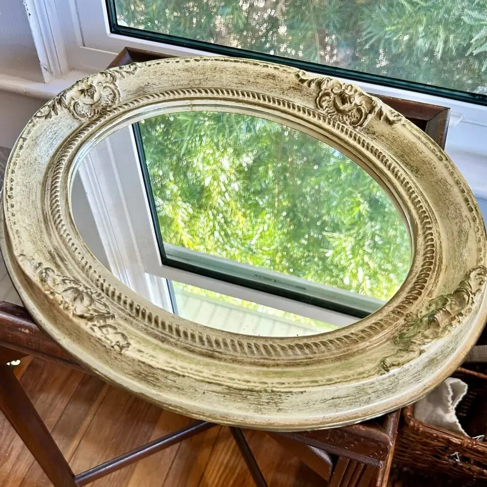 Vintage Shabby Chic Oval Mirror – Decorative Resin, Tabletop or Hanging
